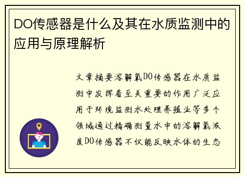 DO传感器是什么及其在水质监测中的应用与原理解析